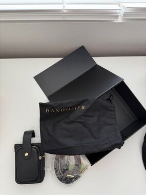Bandolier Black Pebbled Leather Crossbody Phone Pouch with Gold Accents